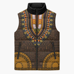 Gold Dashiki and Tapa Pattern Sleeveless Puffer Jacket Africa-Polynesia Together Culture