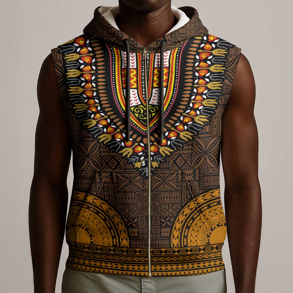 Gold Dashiki and Tapa Pattern Sleeveless Zip Hoodie Africa-Polynesia Together Culture - African Pride