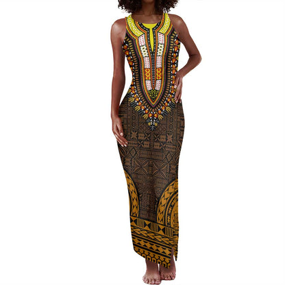 Gold Dashiki and Tapa Pattern Tank Maxi Dress Africa-Polynesia Together Culture
