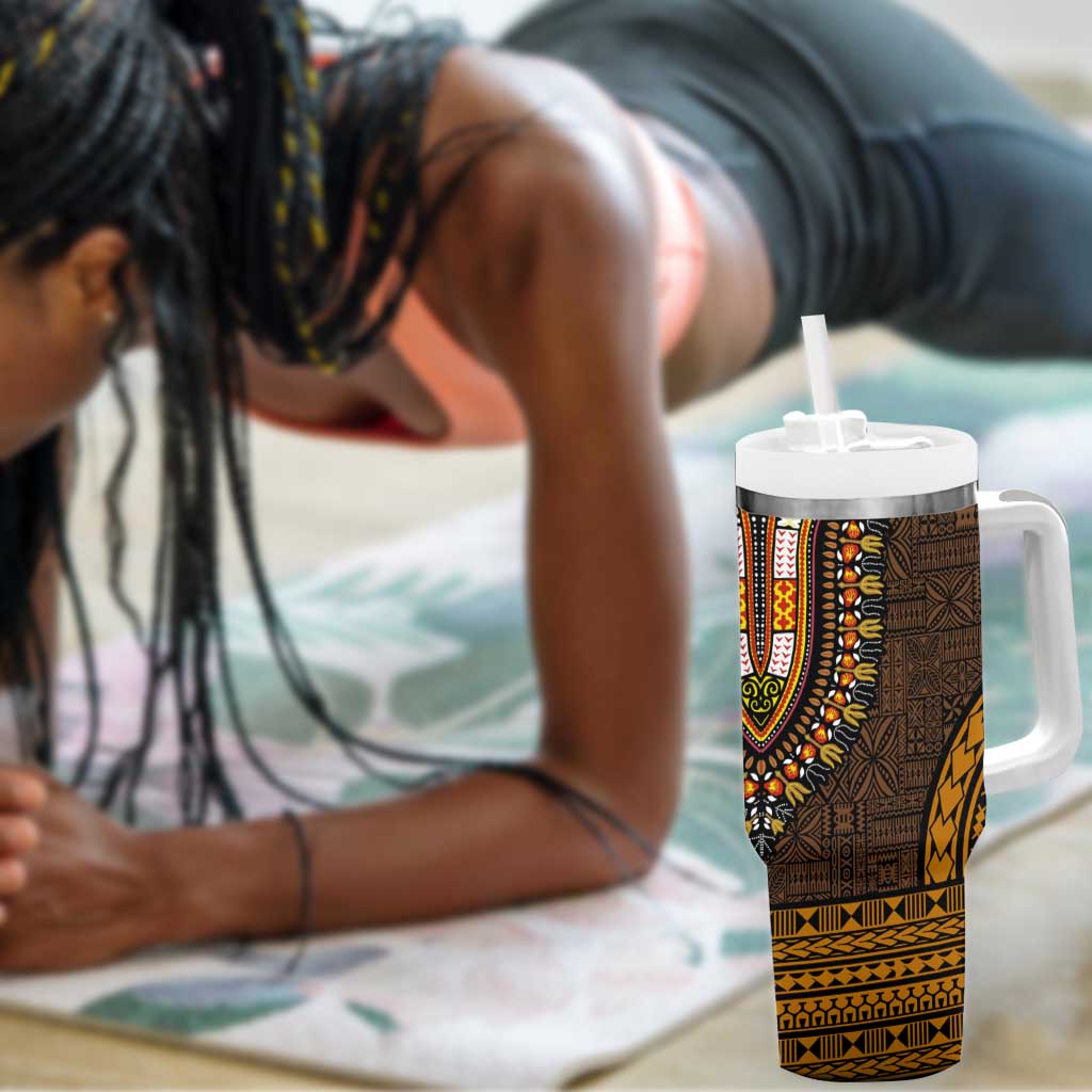 Gold Dashiki and Tapa Pattern Tumbler With Handle Africa-Polynesia Together Culture