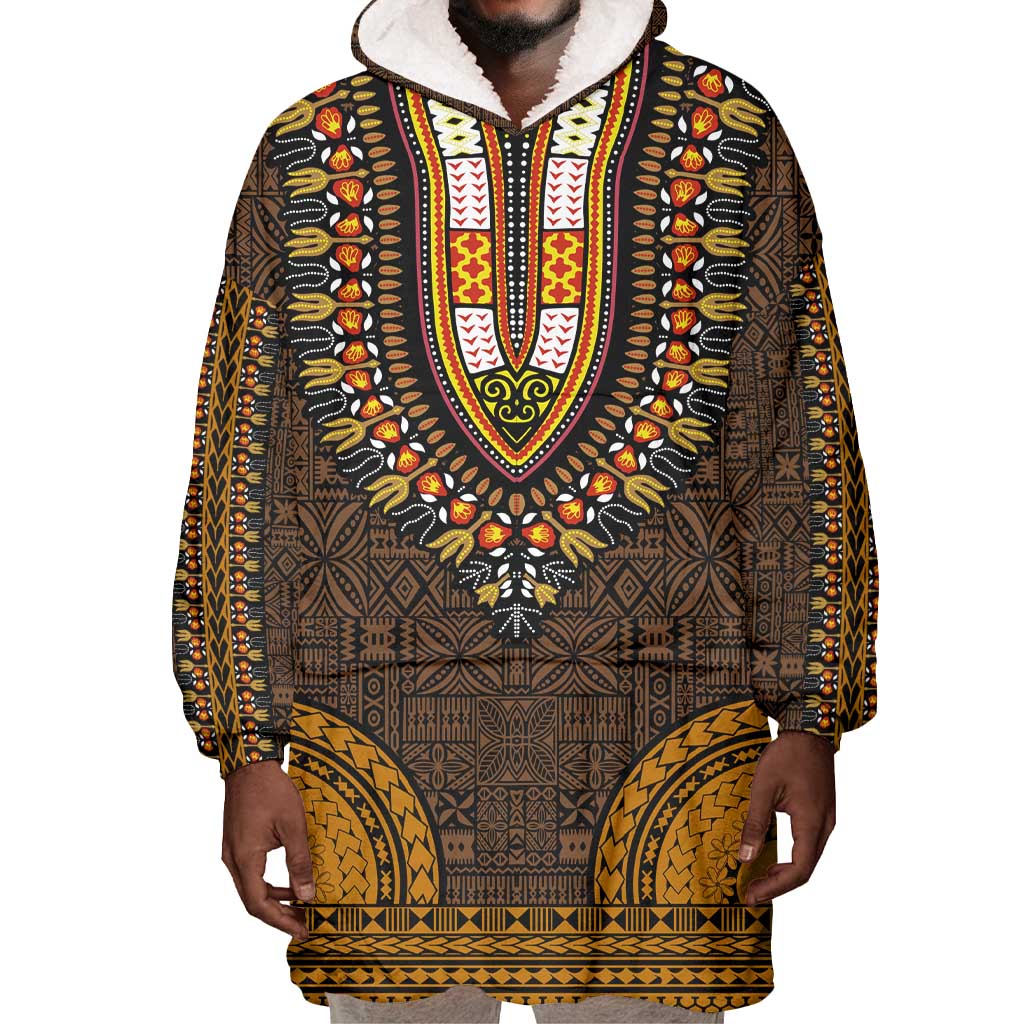 Gold Dashiki and Tapa Pattern Wearable Blanket Hoodie Africa-Polynesia Together Culture