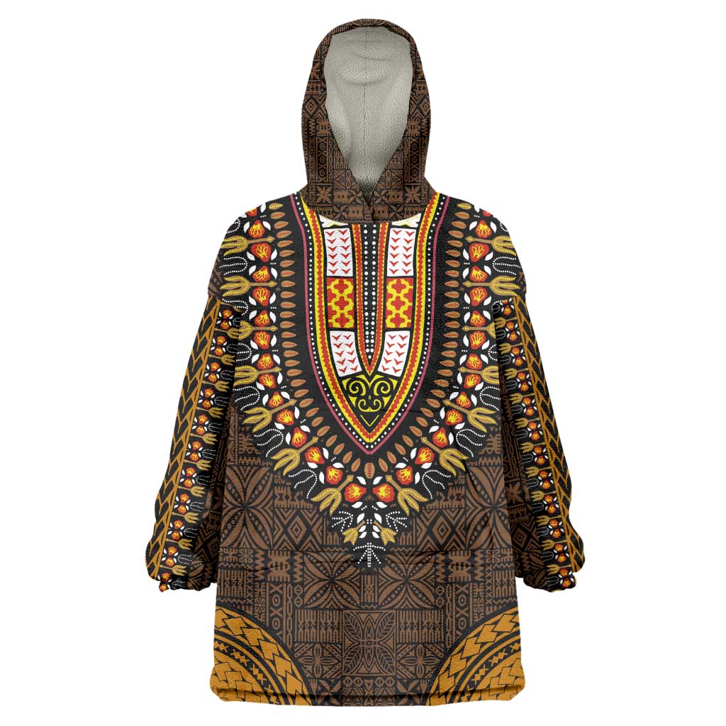 Gold Dashiki and Tapa Pattern Wearable Blanket Hoodie Africa-Polynesia Together Culture