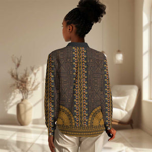 Gold Dashiki and Tapa Pattern Women Casual Shirt Africa-Polynesia Together Culture LT9
