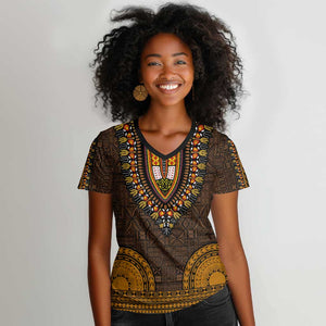 Gold Dashiki and Tapa Pattern Women V-Neck T-Shirt Africa-Polynesia Together Culture