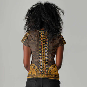 Gold Dashiki and Tapa Pattern Women V-Neck T-Shirt Africa-Polynesia Together Culture