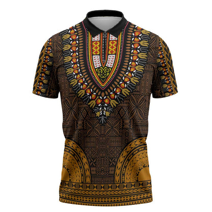 Gold Dashiki and Tapa Pattern Zipper Polo Shirt Africa-Polynesia Together Culture