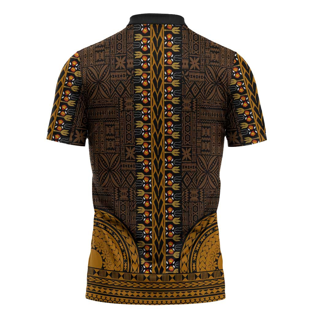 Gold Dashiki and Tapa Pattern Zipper Polo Shirt Africa-Polynesia Together Culture