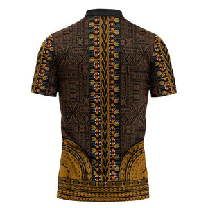 Gold Dashiki and Tapa Pattern Zipper Polo Shirt Africa-Polynesia Together Culture