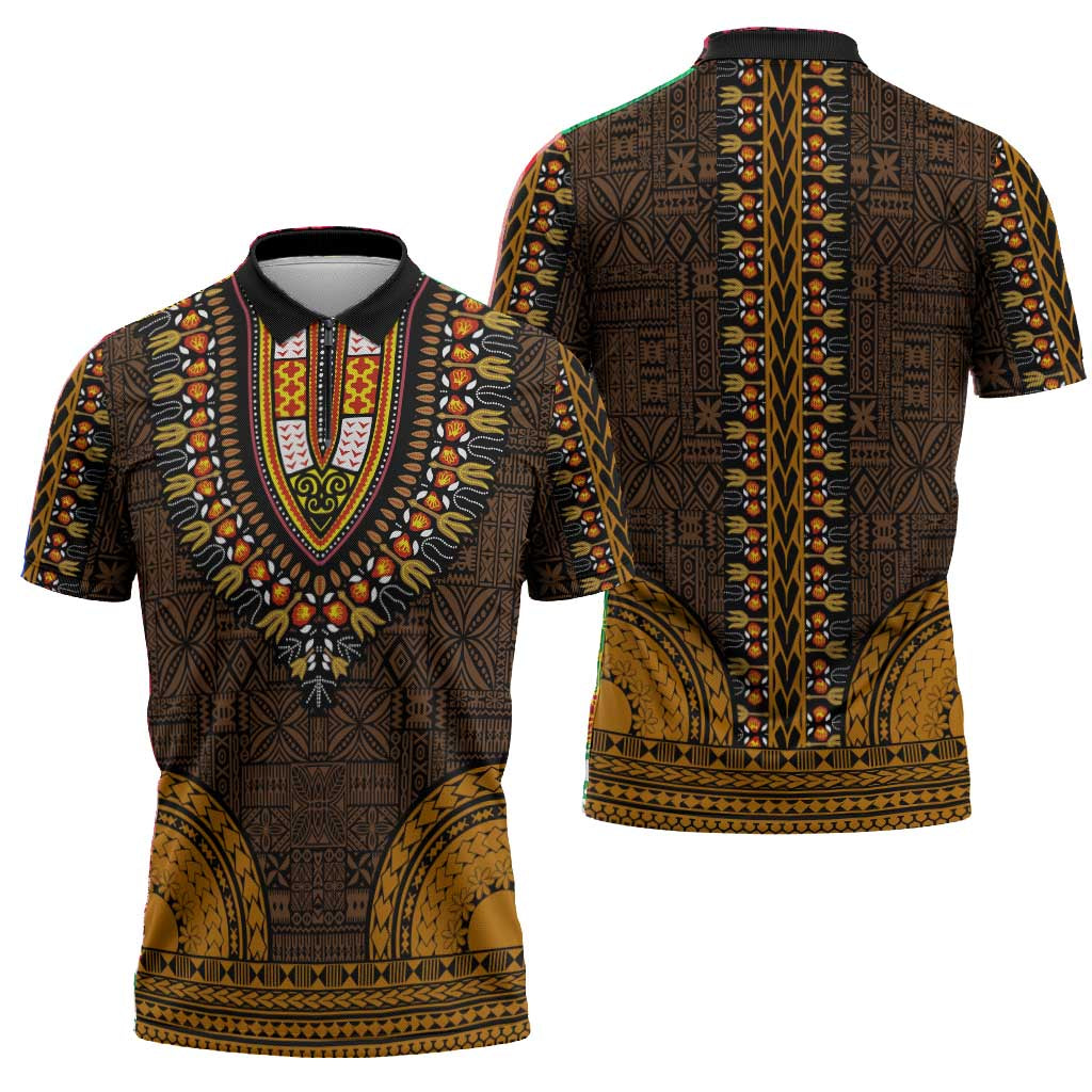 Gold Dashiki and Tapa Pattern Zipper Polo Shirt Africa-Polynesia Together Culture