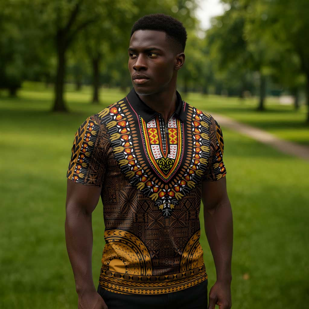 Gold Dashiki and Tapa Pattern Zipper Polo Shirt Africa-Polynesia Together Culture