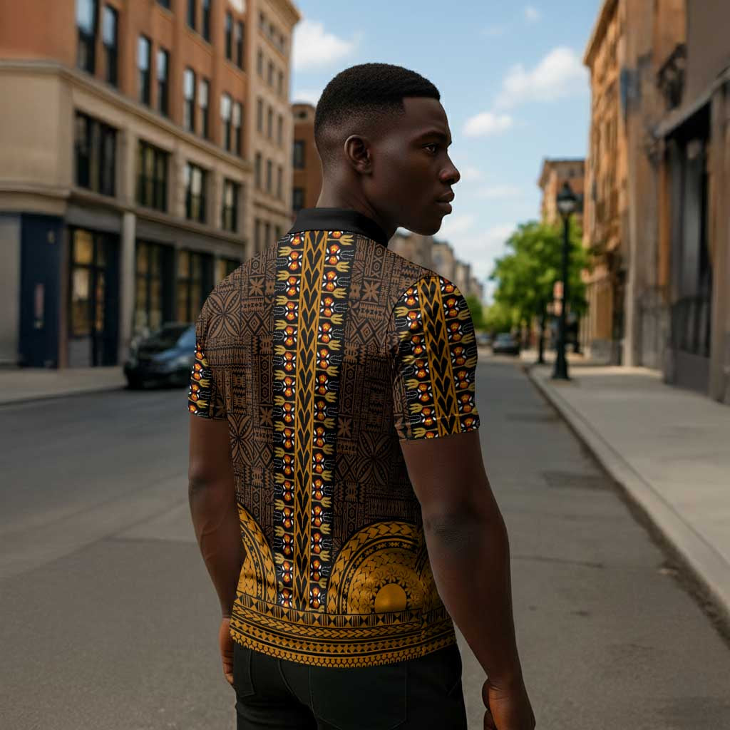 Gold Dashiki and Tapa Pattern Zipper Polo Shirt Africa-Polynesia Together Culture