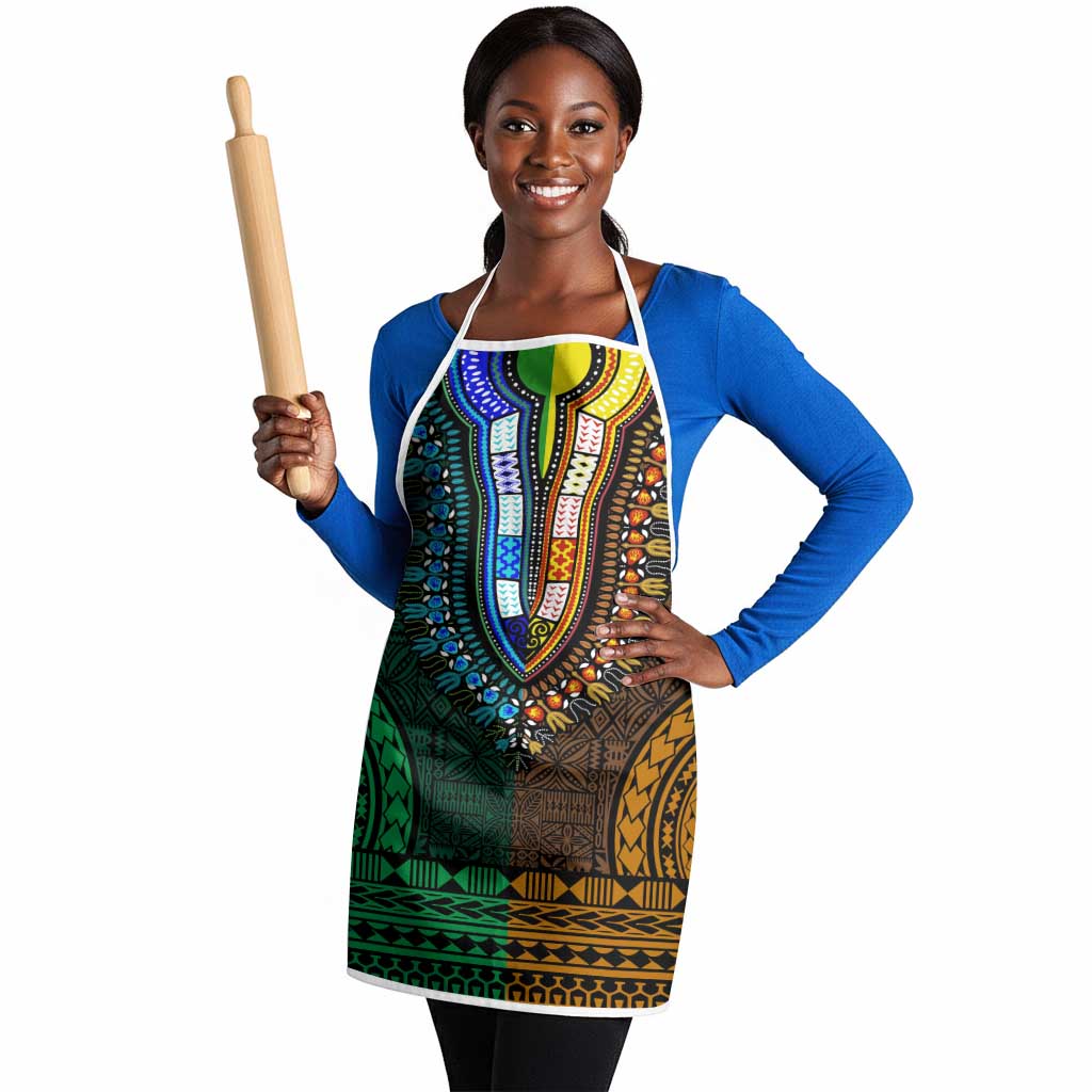 Green-gold Dashiki and Tapa Pattern Apron Africa-Polynesia Together Culture