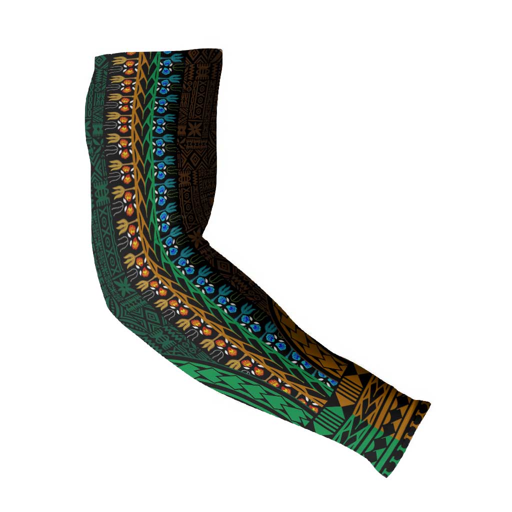 Green-gold Dashiki and Tapa Pattern Arm Sleeves Africa-Polynesia Together Culture