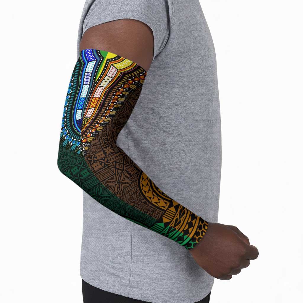 Green-gold Dashiki and Tapa Pattern Arm Sleeves Africa-Polynesia Together Culture