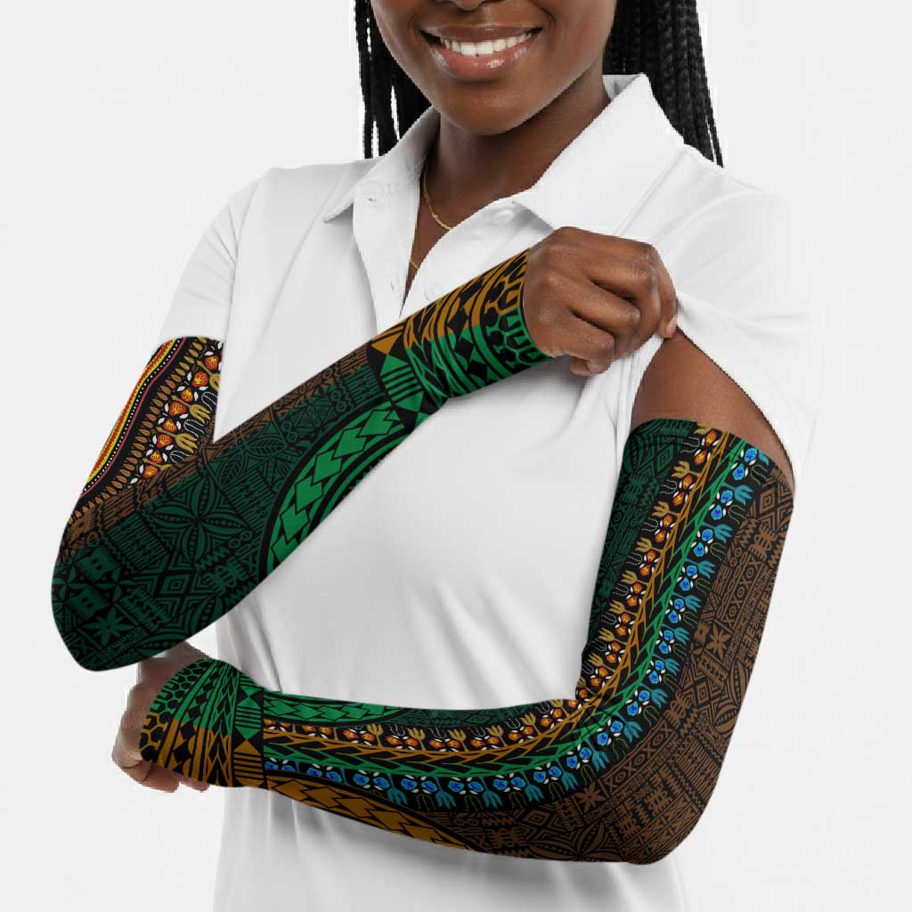 Green-gold Dashiki and Tapa Pattern Arm Sleeves Africa-Polynesia Together Culture
