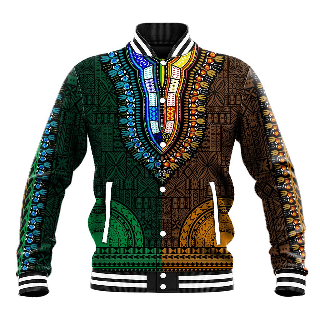Green-gold Dashiki and Tapa Pattern Baseball Jacket Africa-Polynesia Together Culture