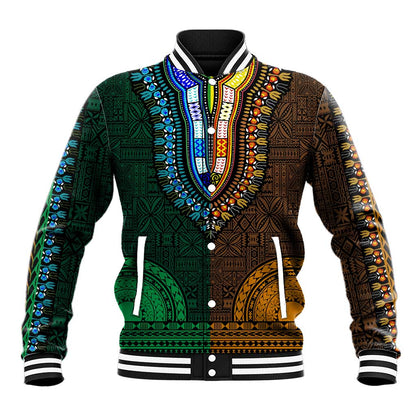 Green-gold Dashiki and Tapa Pattern Baseball Jacket Africa-Polynesia Together Culture