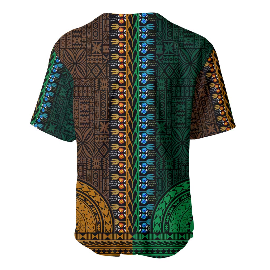 Green-gold Dashiki and Tapa Pattern Baseball Jersey Africa-Polynesia Together Culture