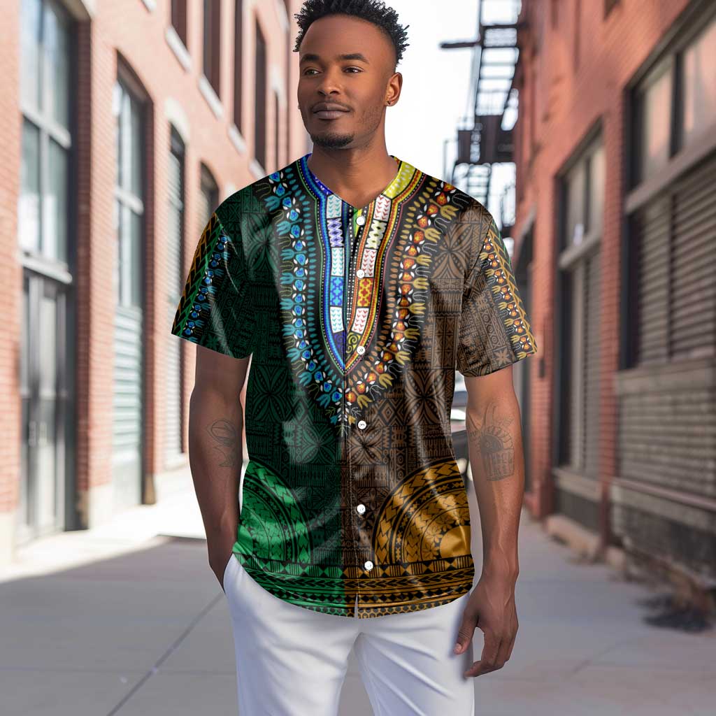 Green-gold Dashiki and Tapa Pattern Baseball Jersey Africa-Polynesia Together Culture