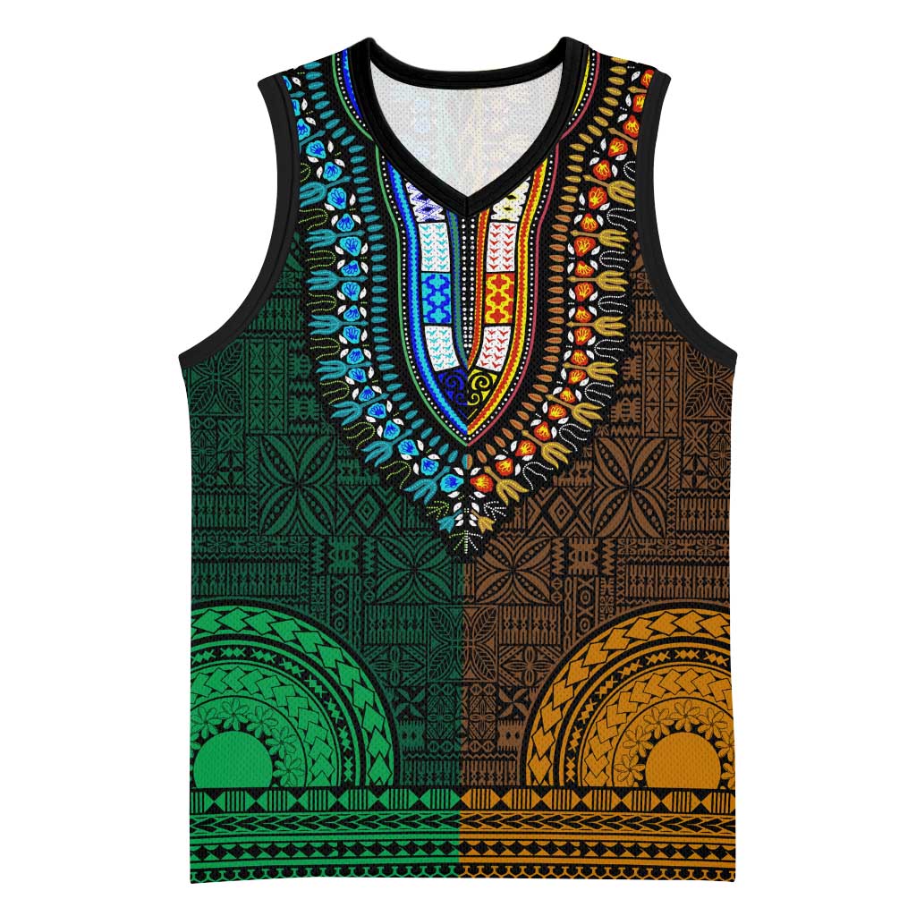 Green-gold Dashiki and Tapa Pattern Basketball Jersey Africa-Polynesia Together Culture - African Pride