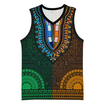 Green-gold Dashiki and Tapa Pattern Basketball Jersey Africa-Polynesia Together Culture - African Pride