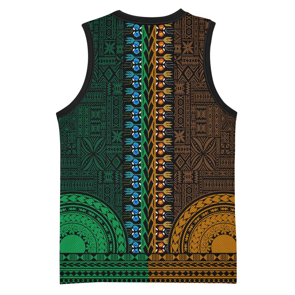 Green-gold Dashiki and Tapa Pattern Basketball Jersey Africa-Polynesia Together Culture - African Pride