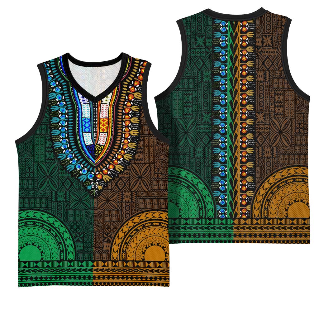 Green-gold Dashiki and Tapa Pattern Basketball Jersey Africa-Polynesia Together Culture - African Pride