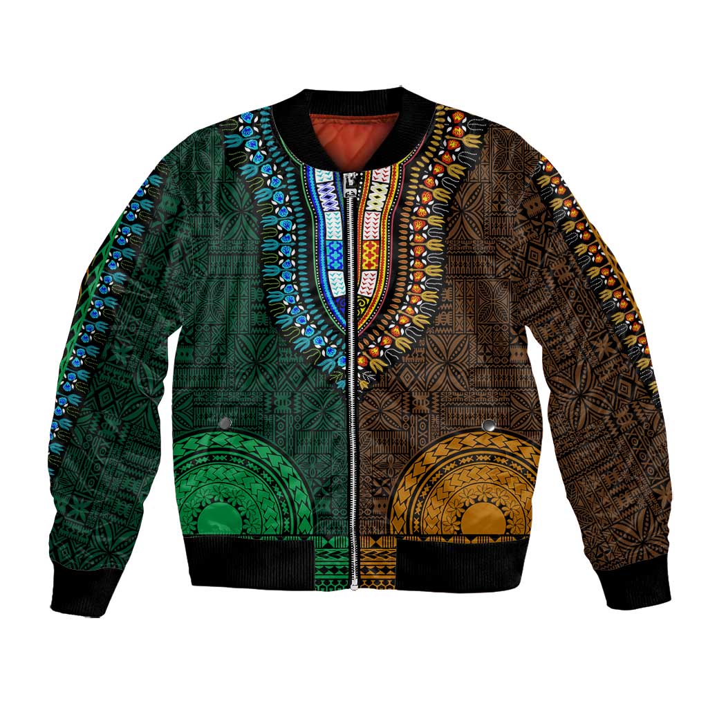 Green-gold Dashiki and Tapa Pattern Bomber Jacket Africa-Polynesia Together Culture
