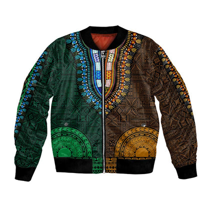 Green-gold Dashiki and Tapa Pattern Bomber Jacket Africa-Polynesia Together Culture
