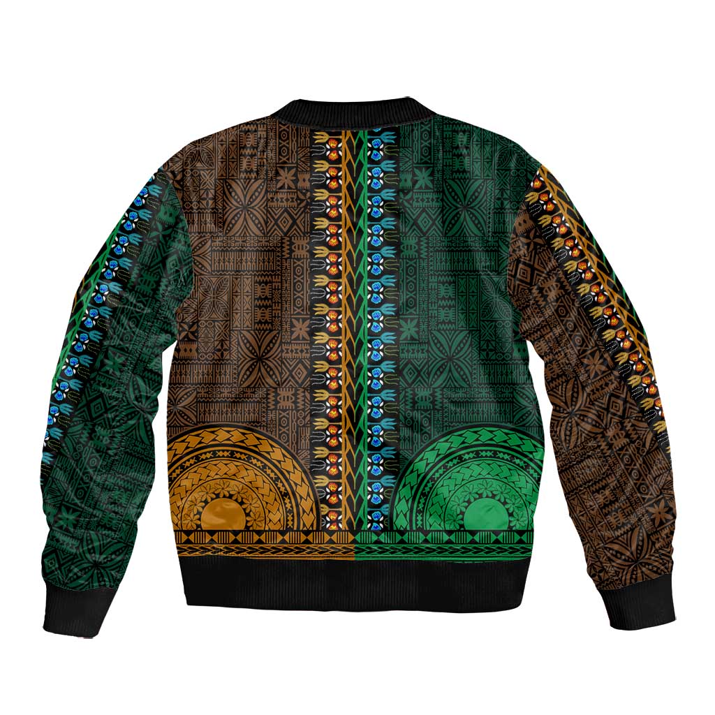 Green-gold Dashiki and Tapa Pattern Bomber Jacket Africa-Polynesia Together Culture