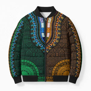 Green-gold Dashiki and Tapa Pattern Bomber Puffer Jacket Africa-Polynesia Together Culture