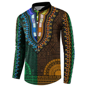 Green-gold Dashiki and Tapa Pattern Button Sweatshirt Africa-Polynesia Together Culture
