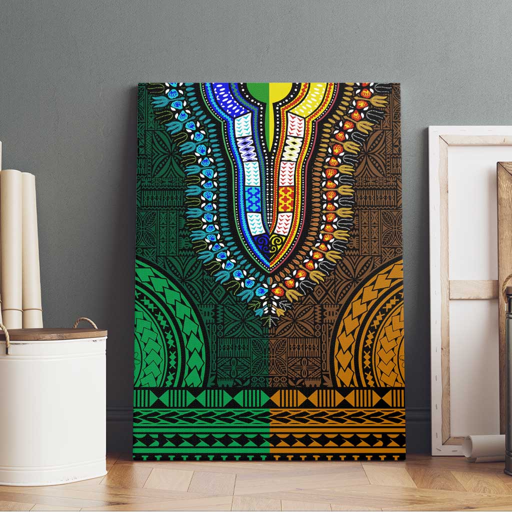 Green-gold Dashiki and Tapa Pattern Canvas Wall Art Africa-Polynesia Together Culture