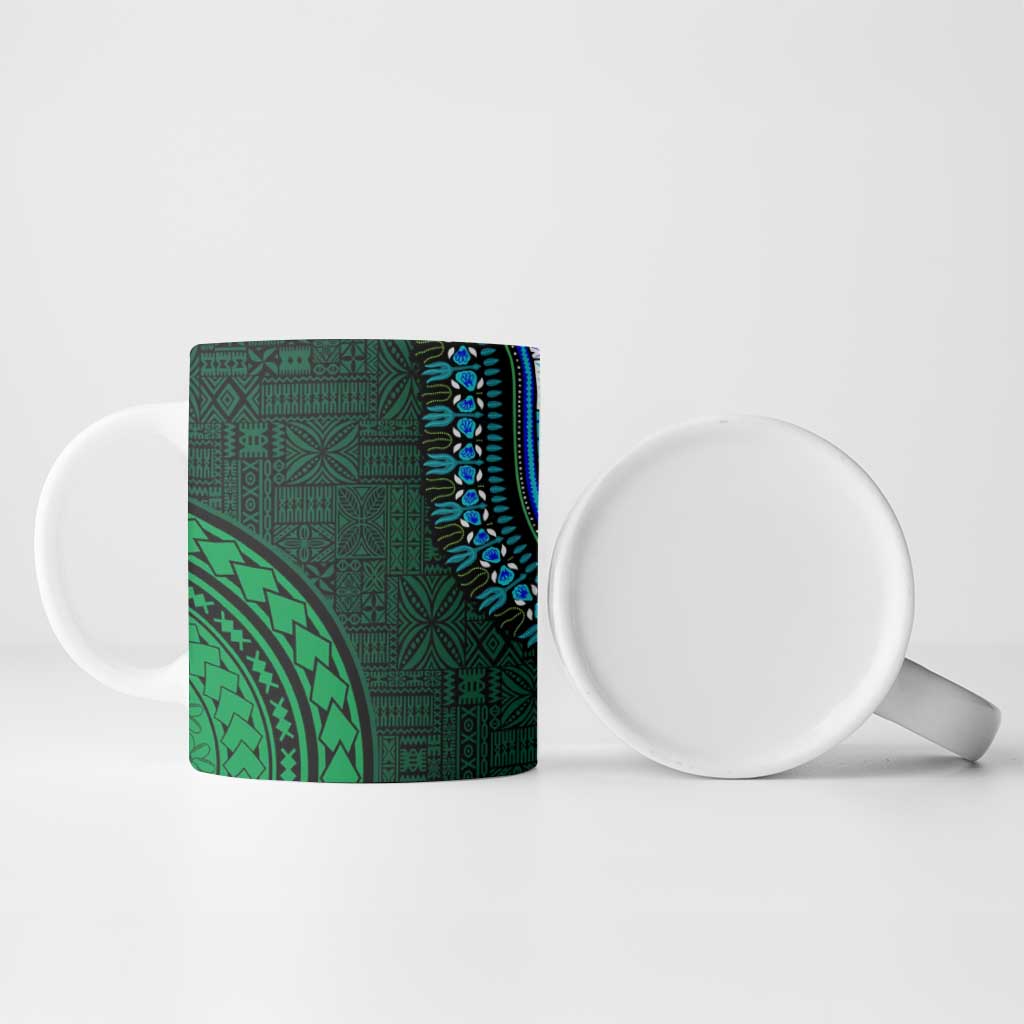 Green-gold Dashiki and Tapa Pattern Ceramic Mug Africa-Polynesia Together Culture
