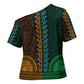 Green-gold Dashiki and Tapa Pattern Cross Shoulder Shirt Africa-Polynesia Together Culture
