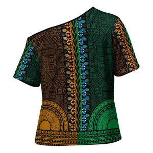 Green-gold Dashiki and Tapa Pattern Cross Shoulder Shirt Africa-Polynesia Together Culture