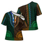 Green-gold Dashiki and Tapa Pattern Cross Shoulder Shirt Africa-Polynesia Together Culture