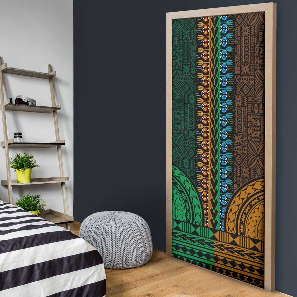 Green-gold Dashiki and Tapa Pattern Door Cover Africa-Polynesia Together Culture