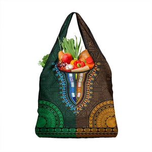 Green-gold Dashiki and Tapa Pattern Grocery Bag Africa-Polynesia Together Culture
