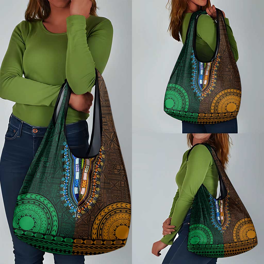 Green-gold Dashiki and Tapa Pattern Grocery Bag Africa-Polynesia Together Culture