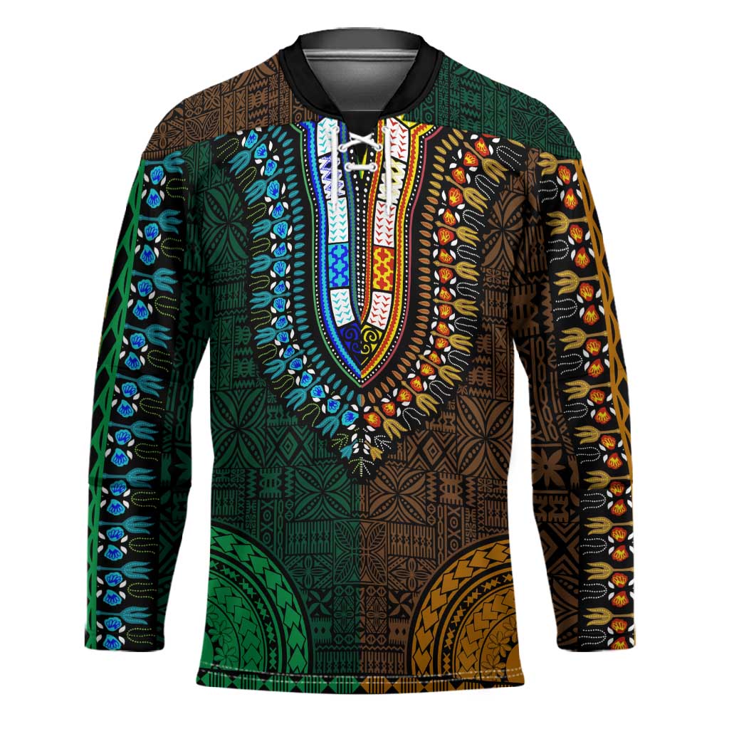 Green-gold Dashiki and Tapa Pattern Hockey Jersey Africa-Polynesia Together Culture