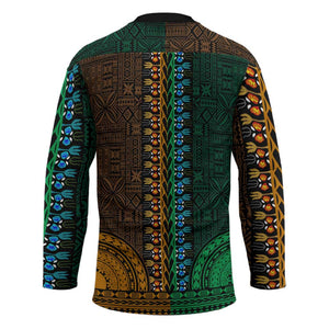 Green-gold Dashiki and Tapa Pattern Hockey Jersey Africa-Polynesia Together Culture