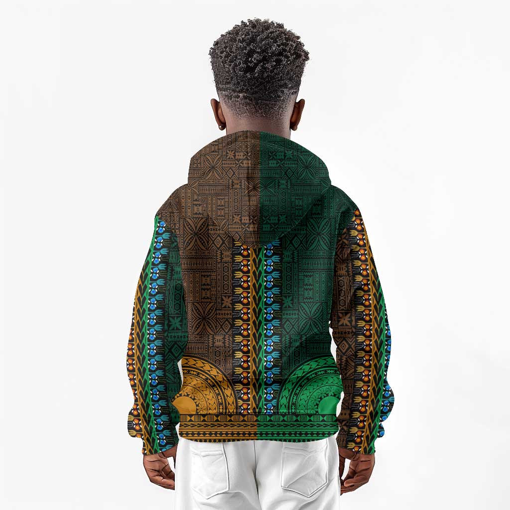 Green-gold Dashiki and Tapa Pattern Kid Hoodie Africa-Polynesia Together Culture