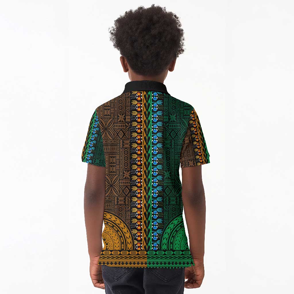 Green-gold Dashiki and Tapa Pattern Kid Polo Shirt Africa-Polynesia Together Culture