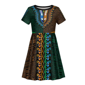 Green-gold Dashiki and Tapa Pattern Kid Short Sleeve Dress Africa-Polynesia Together Culture