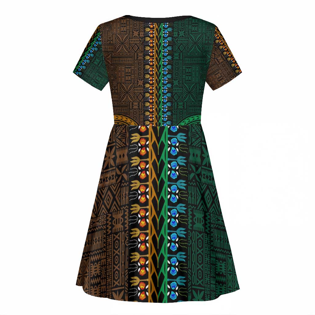 Green-gold Dashiki and Tapa Pattern Kid Short Sleeve Dress Africa-Polynesia Together Culture