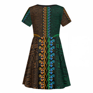 Green-gold Dashiki and Tapa Pattern Kid Short Sleeve Dress Africa-Polynesia Together Culture