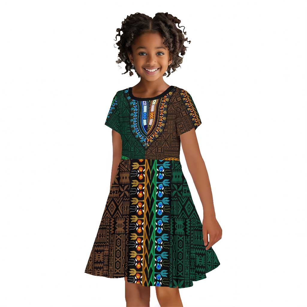 Green-gold Dashiki and Tapa Pattern Kid Short Sleeve Dress Africa-Polynesia Together Culture