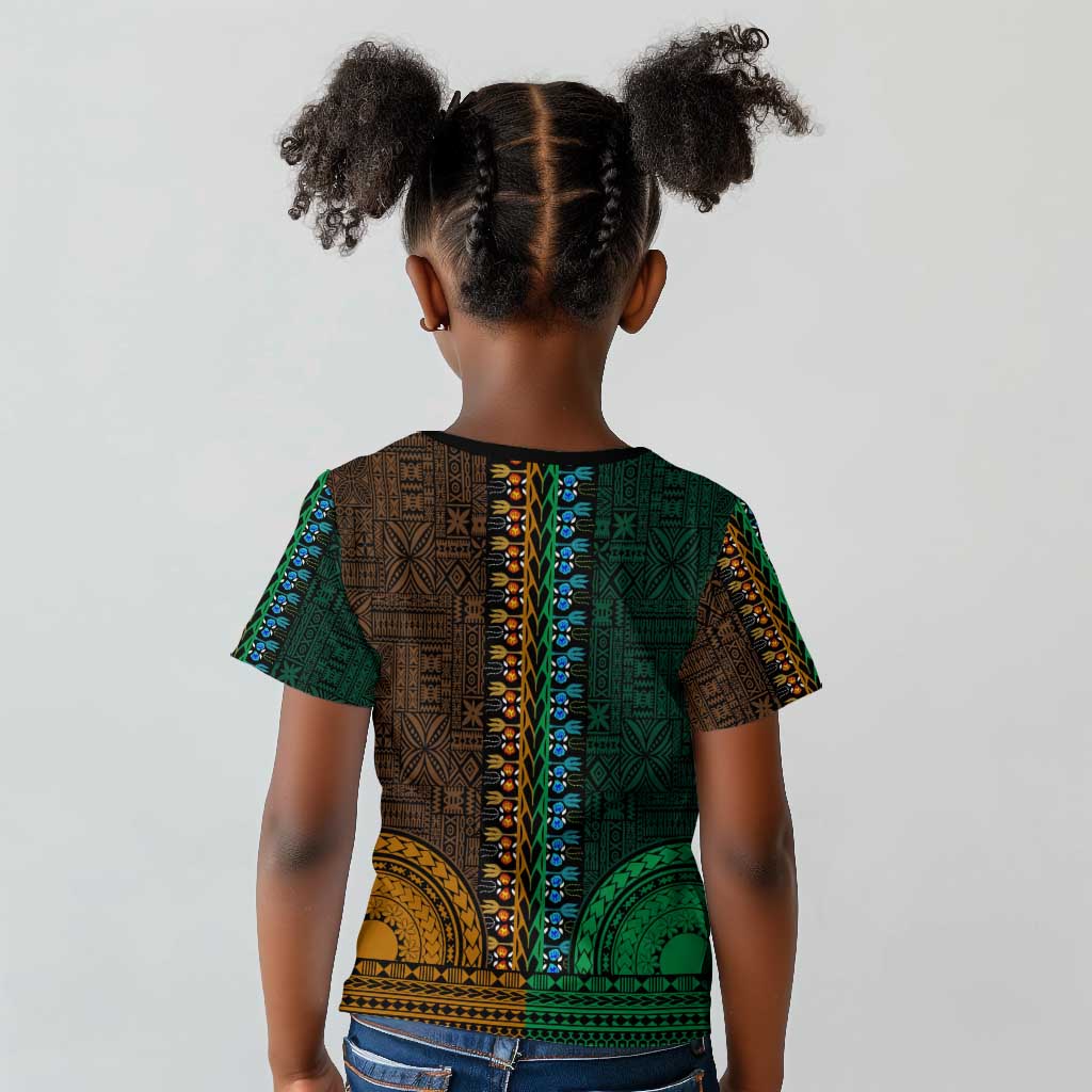 Green-gold Dashiki and Tapa Pattern Kid T shirt Africa-Polynesia Together Culture