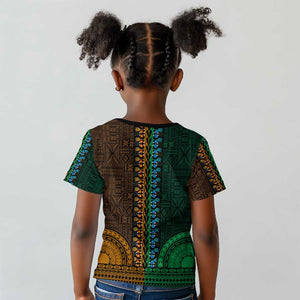 Green-gold Dashiki and Tapa Pattern Kid T shirt Africa-Polynesia Together Culture